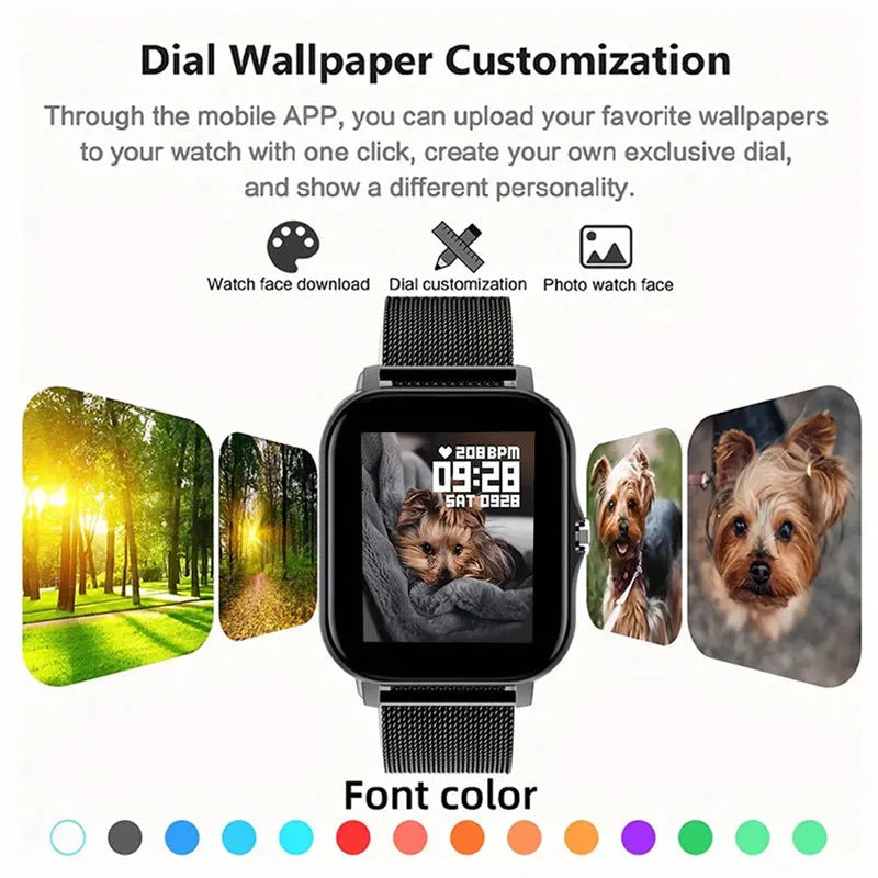 Smart watch with 1.44-inch touch screen showing heart rate and step count display on silicone strap