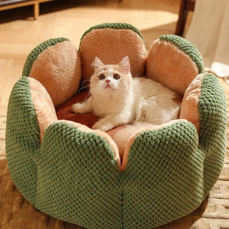 Green cactus petal shaped soft plush pet bed with cave-like opening and non-slip bottom, size L for pets up to 7.5kg