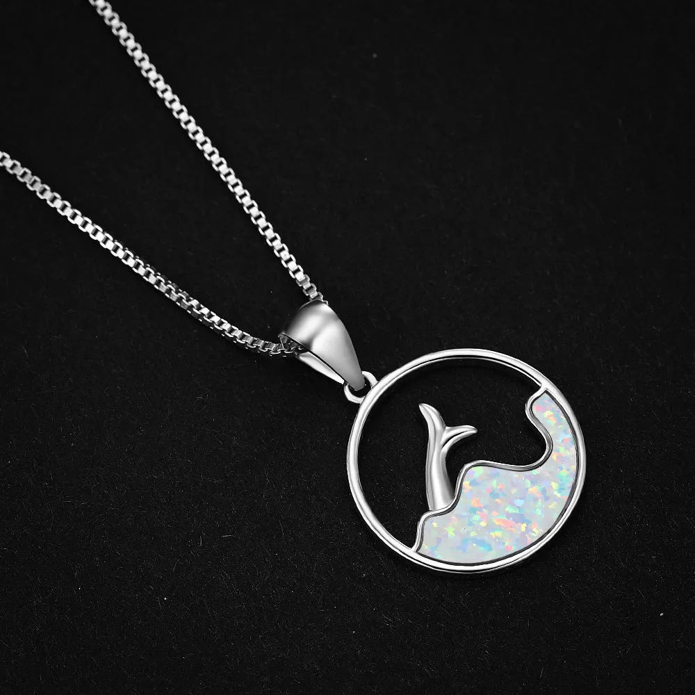 White gold electroplated sea fishtail necklace with round blue opal geometry design on copper construction