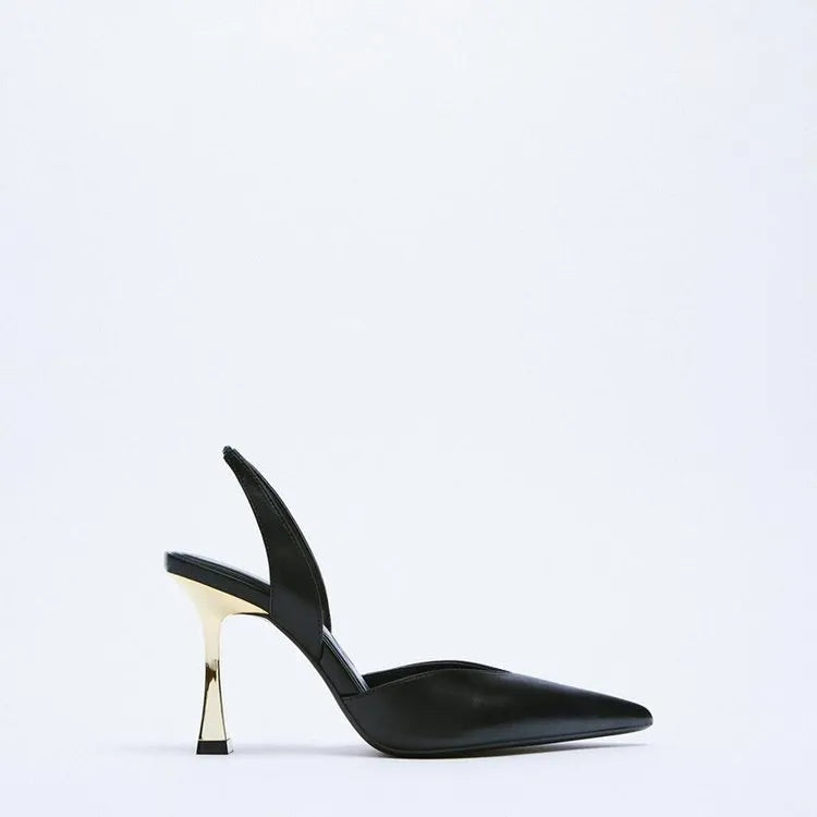 Korean style nude pointed high heels for women in patent leather, shown in black and apricot colours.