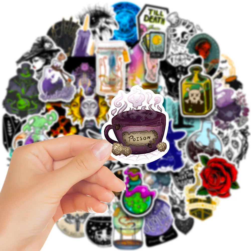 Pack of 50 colourful waterproof PVC stickers for laptops and skateboards, ranging from 3cm to 8cm in size.