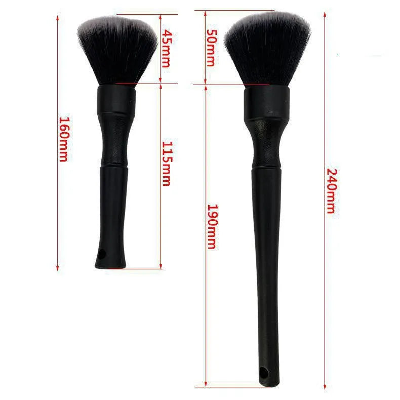 Black car detailing brush with soft pig hair bristles and PP handle in two sizes: 240mm and 160mm.