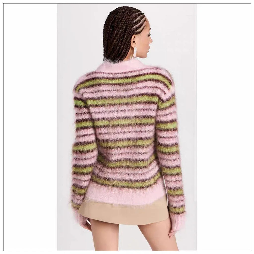 Pink wool knitted cardigan sweater with nap craft texture and regular sleeves