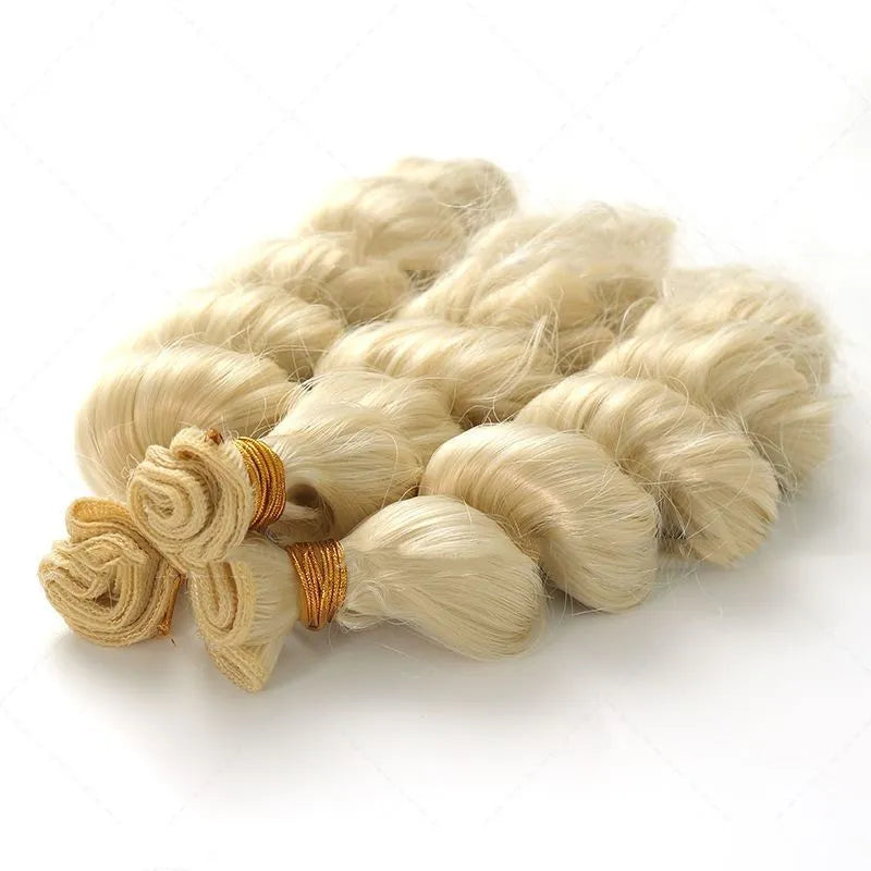 Golden blonde synthetic hair weft wig shown in 18, 20, and 22 inch lengths.