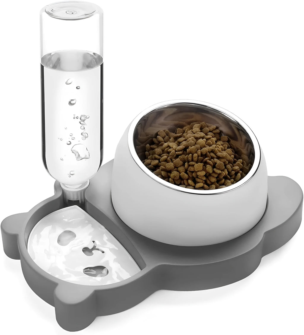 Grey and green panda-shaped elevated pet feeder with automatic water bottle and two tilted stainless steel bowls.
