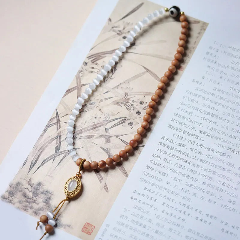 Polished sandalwood opal double ring bracelet unisex retro style with Tibetan beads