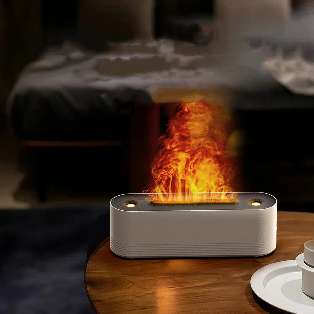 Black Flame Air ultrasonic humidifier diffuser with coloured LED lights on a wooden table