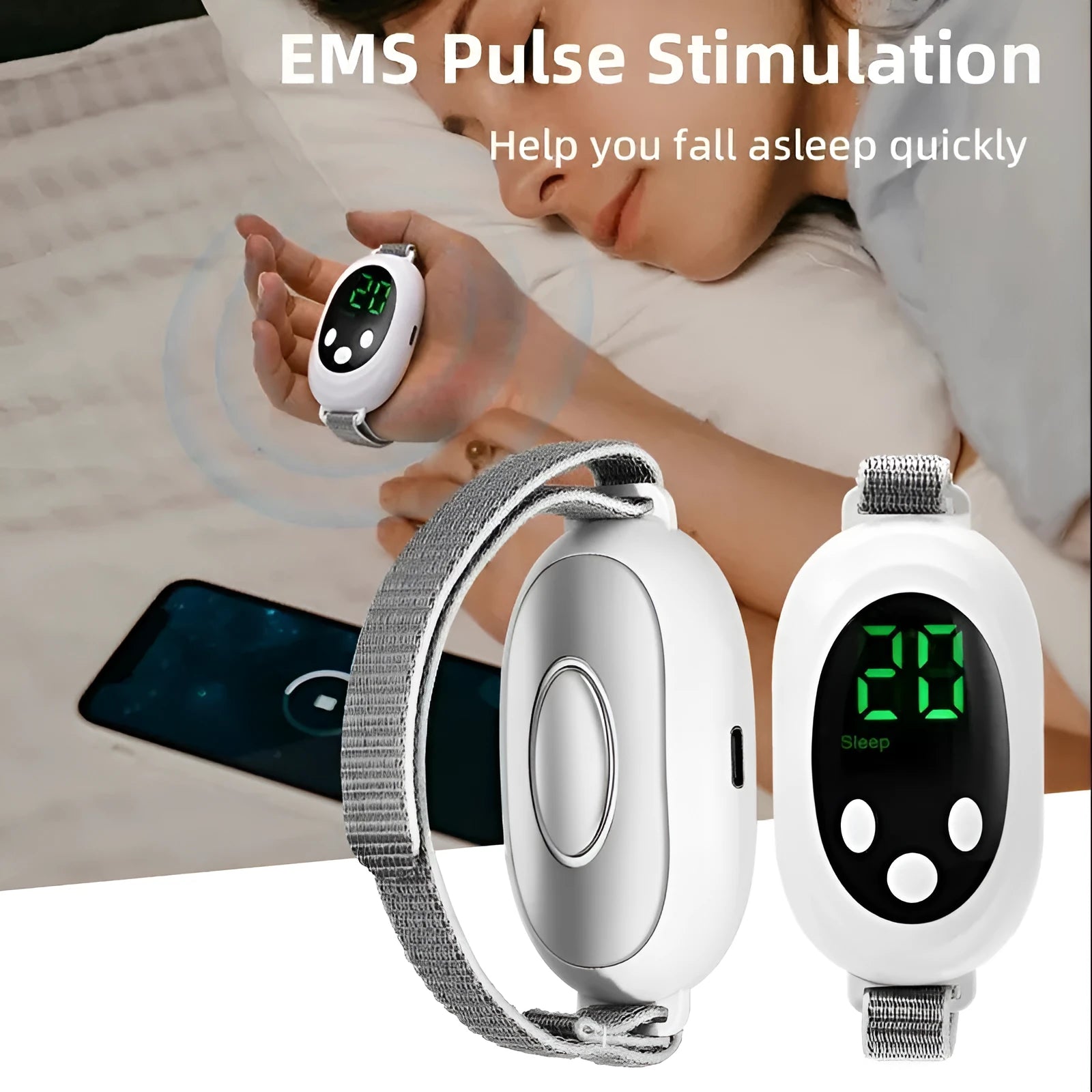White sleep bracelet insomnia aid device with handheld remote control and USB charging cable