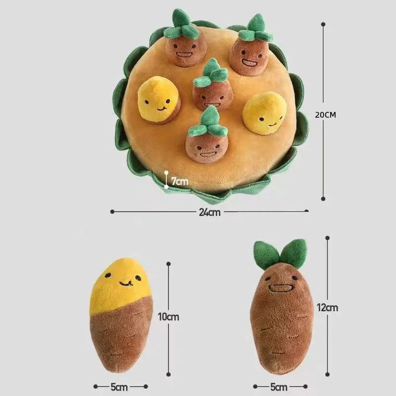 Yellow interactive dog puzzle pad with removable squeaky plush toys for slow feeding and foraging games.