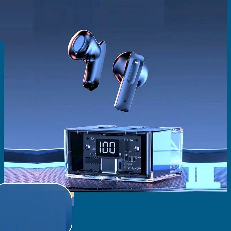 Transparent space capsule case Bluetooth headset with digital display screen showing battery level