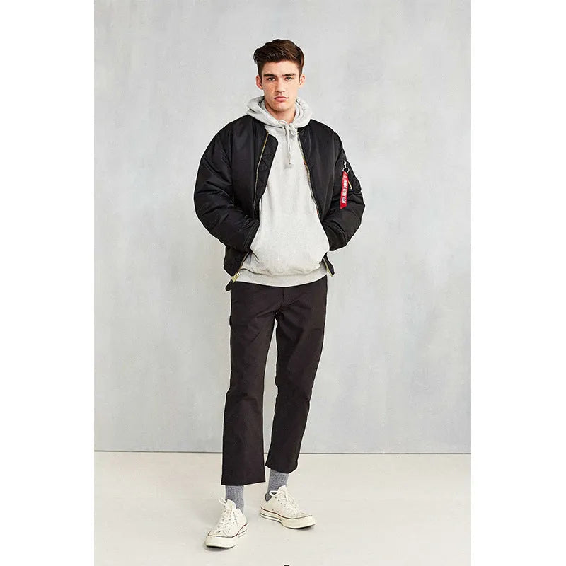 Men's Army Green loose fit cotton-padded pilot jacket with workwear styling on a hanger.