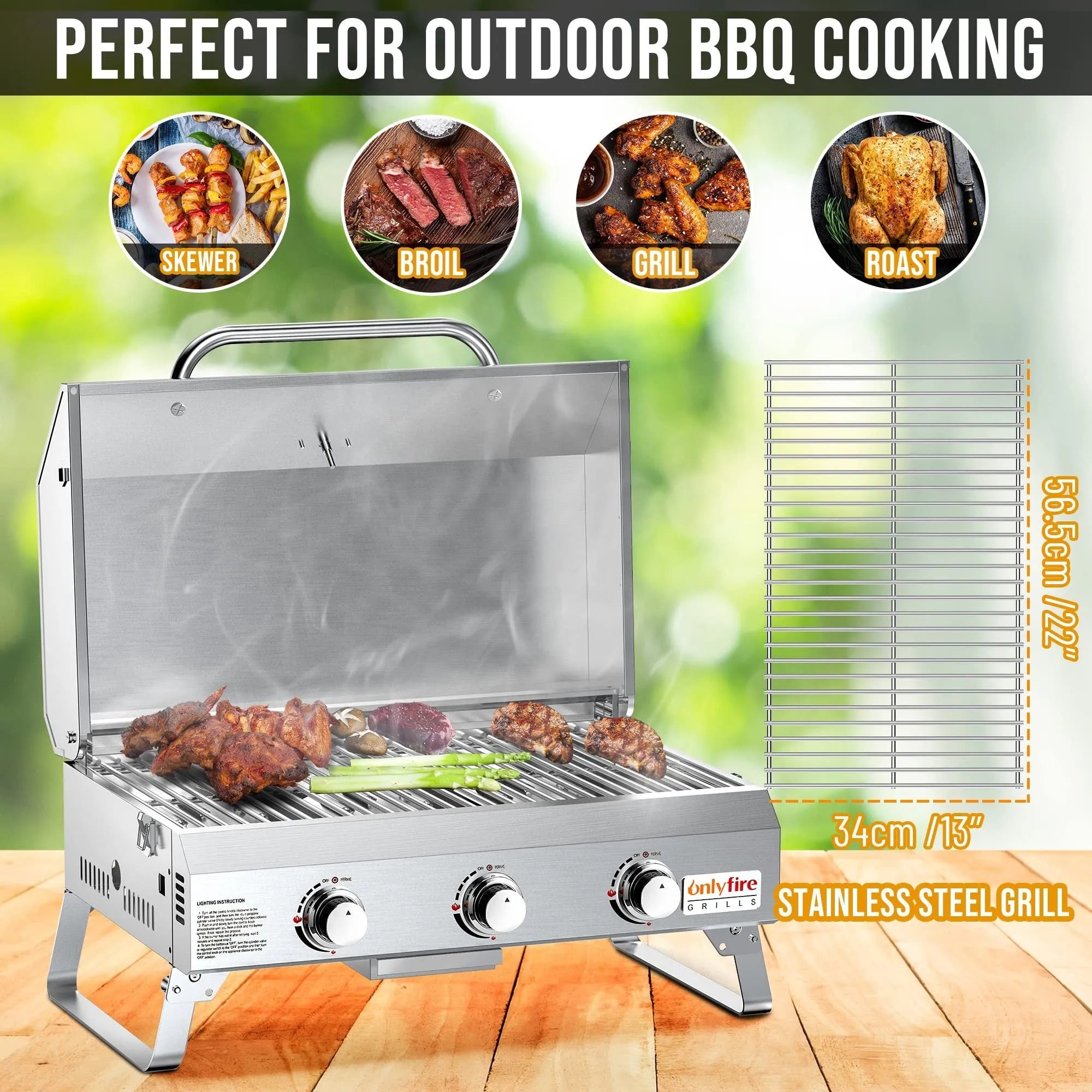 Silver desktop gas barbecue grill with three stainless steel burners and foldable legs