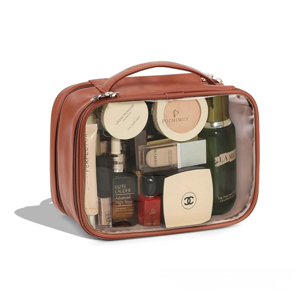 Leather trim transparent PVC cosmetic bag with waterproof construction, expansion storage, and dry wet separation, pink portable size