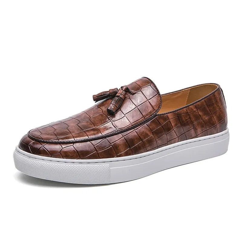 Men's black plus size tassel sneakers with round toe and oversleeve closure on a rubber sole.