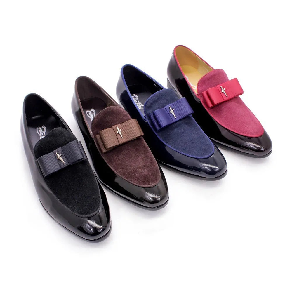 Men's low-top leather shoes with tassel detail in patent leather, available in black, blue, brown, and red.