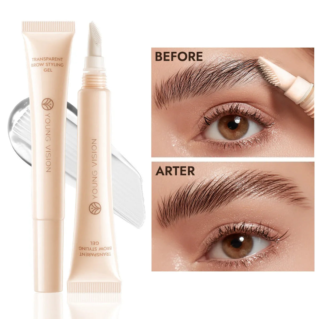 Transparent eyebrow gel in a tube with silicone brush head, 10g net content packaging