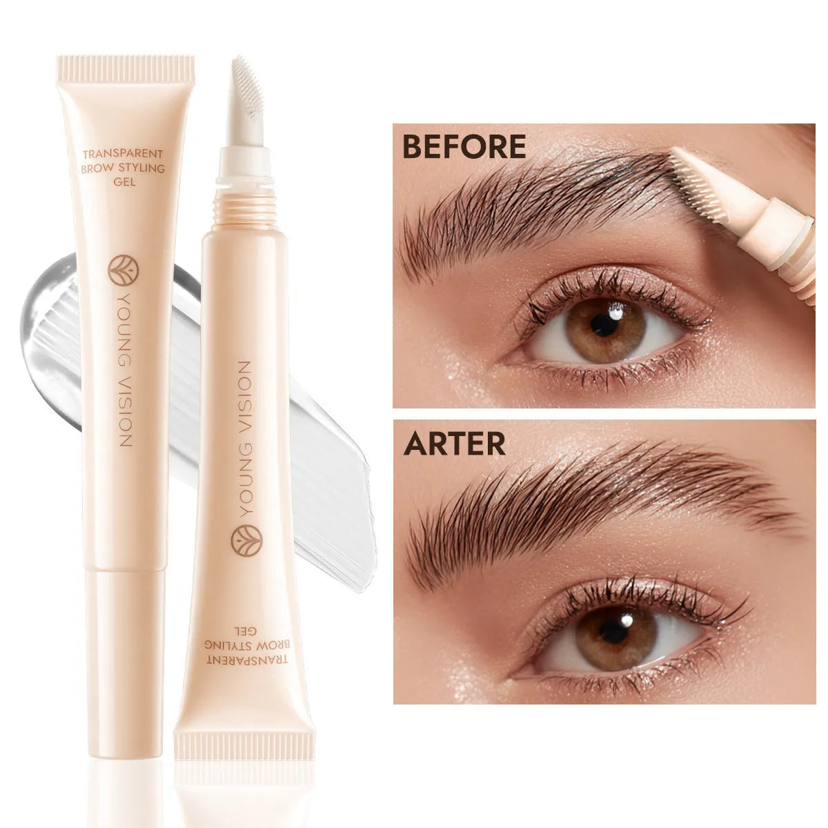 Transparent eyebrow gel in a tube with silicone brush head, 10g net content packaging