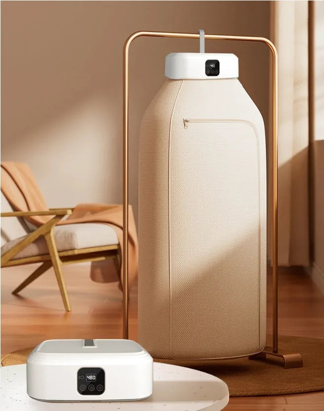 White cylindrical remote control laundry dryer with foldable design for compact storage