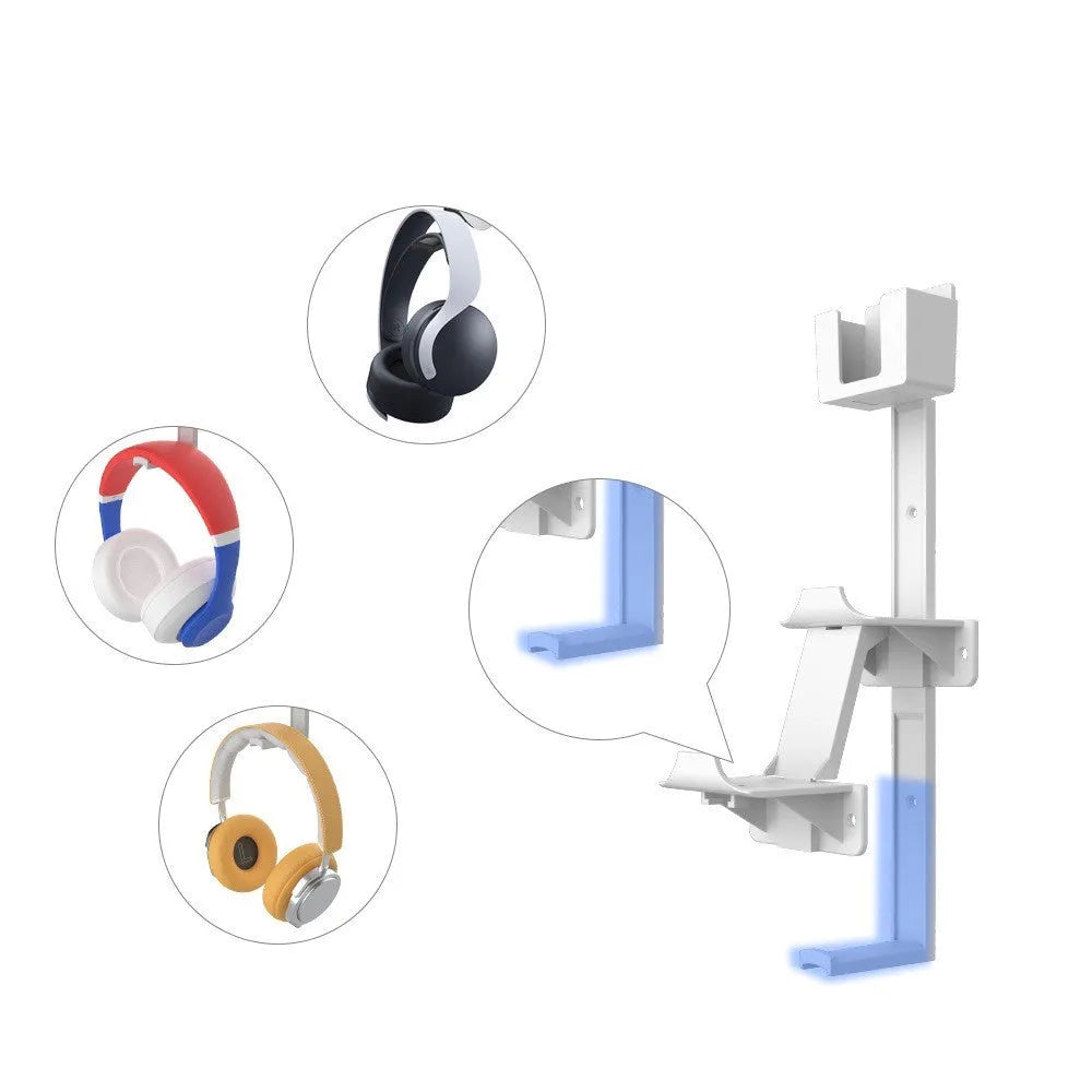 White wall-mounted hook holding PS5 controller with black gaming headset hanging beside it