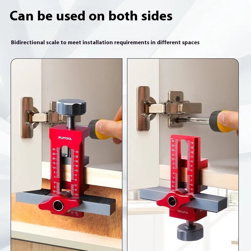 Aluminium alloy cabinet door installation aid tool for woodworking and DIY projects.