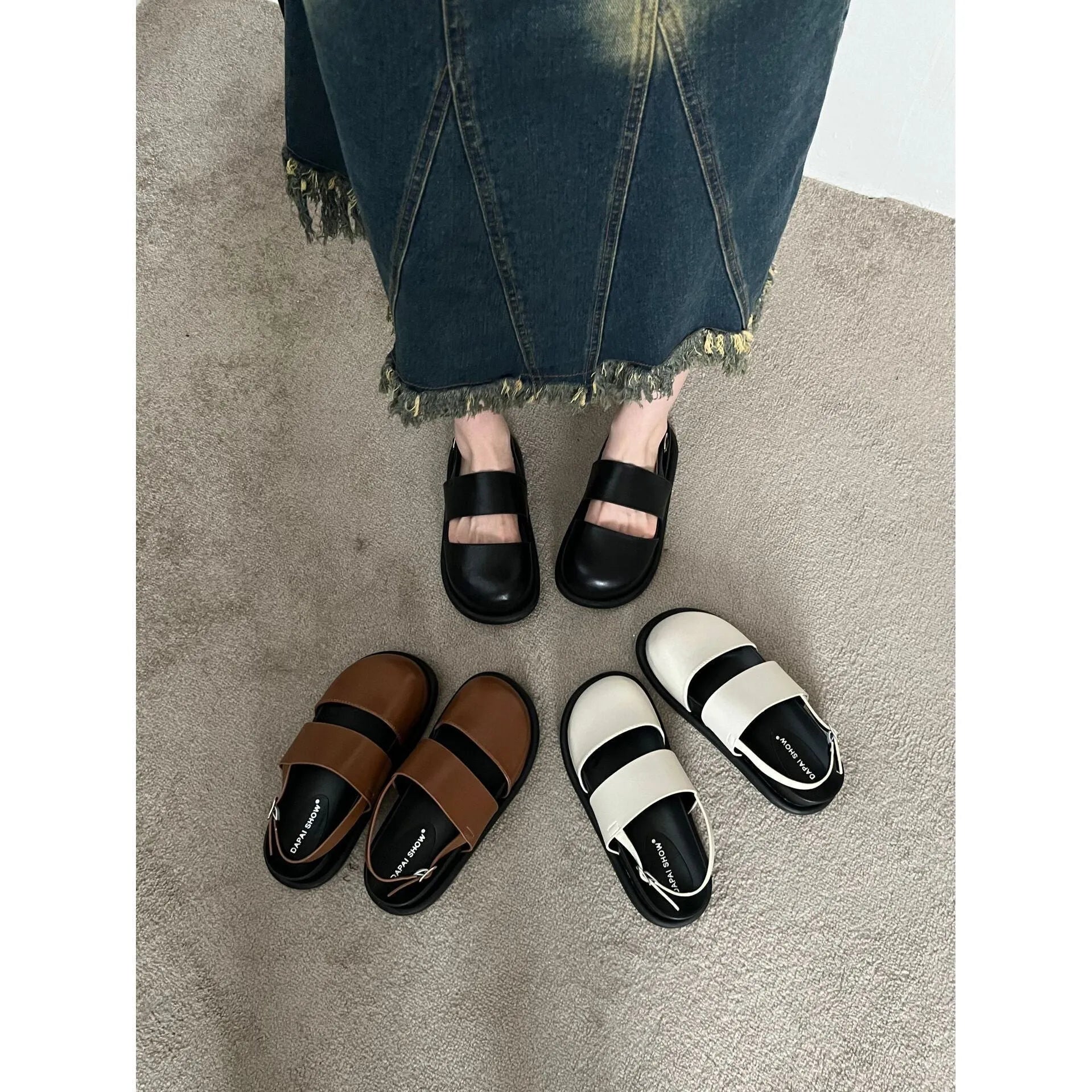 Women's retro sandals with a single ankle strap buckle and closed round toe, shown in apricot colour.
