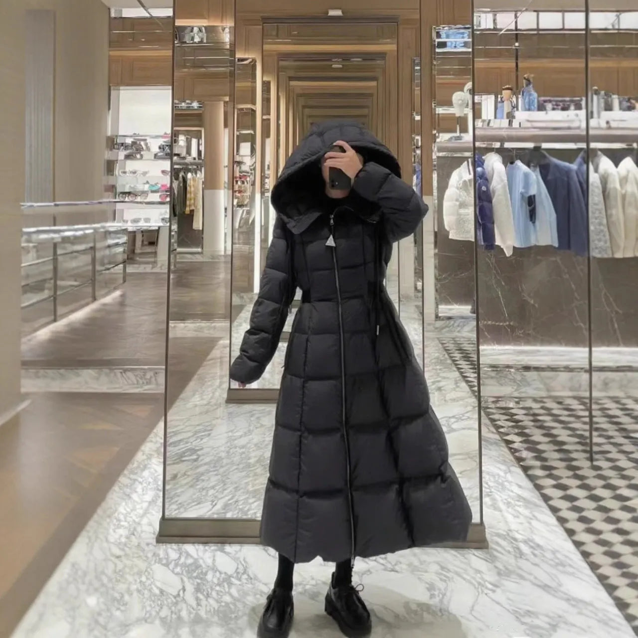 Long casual hooded black white duck down jacket for women, A-line version, medium length 65cm