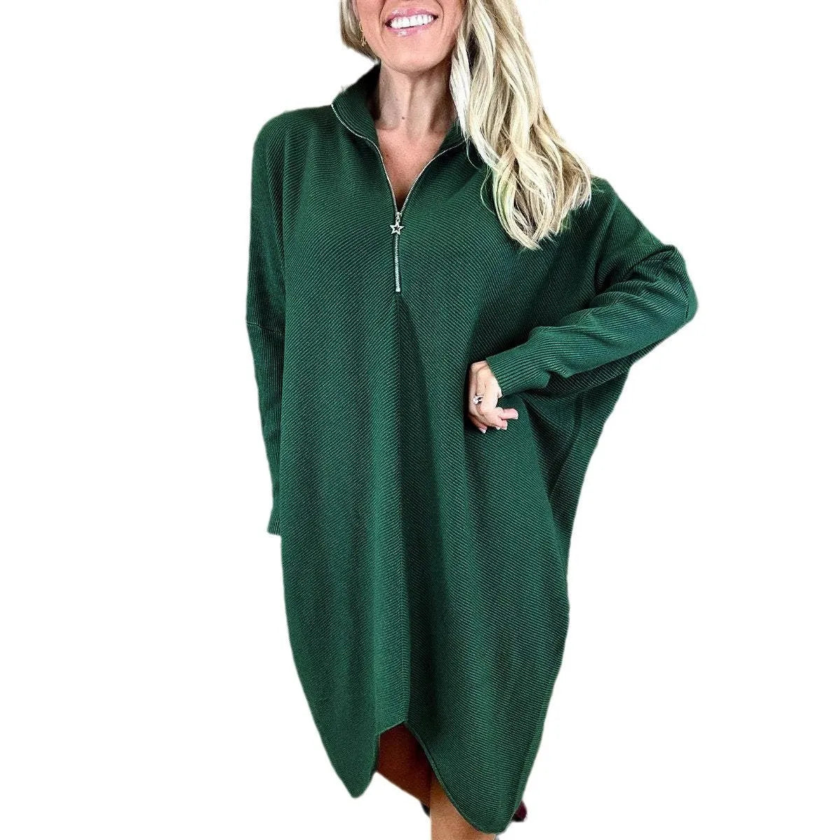 Women's solid colour knitted loose dress with raglan sleeves and a front zip.