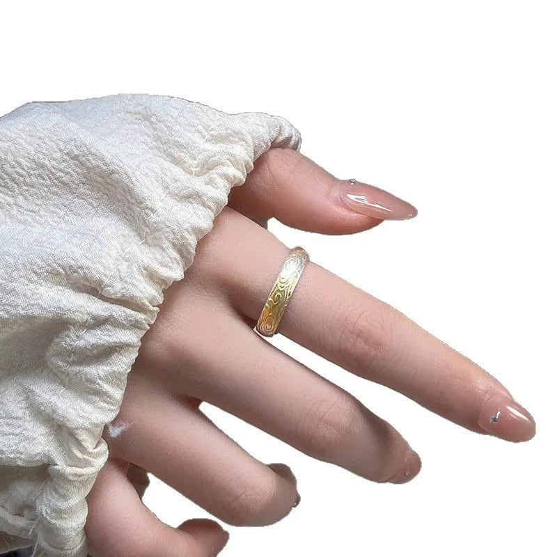 White copper adjustable ring with electroplated silver gold finish and geometric Xiangyun pattern