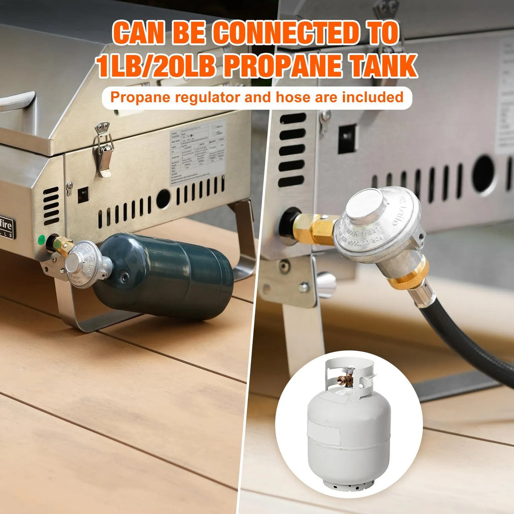 Silver desktop gas barbecue grill with three stainless steel burners and foldable legs