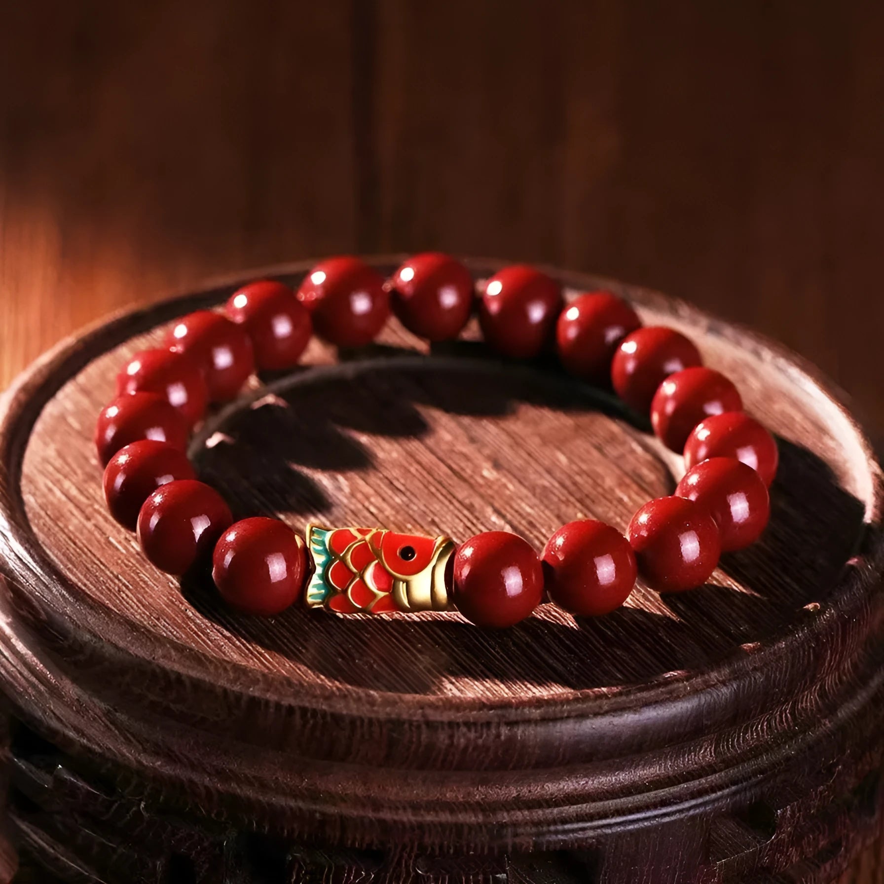 Natural raw ore cinnabar koi bracelet with gold ball, 4mm or 6mm bead size, national style, handmade
