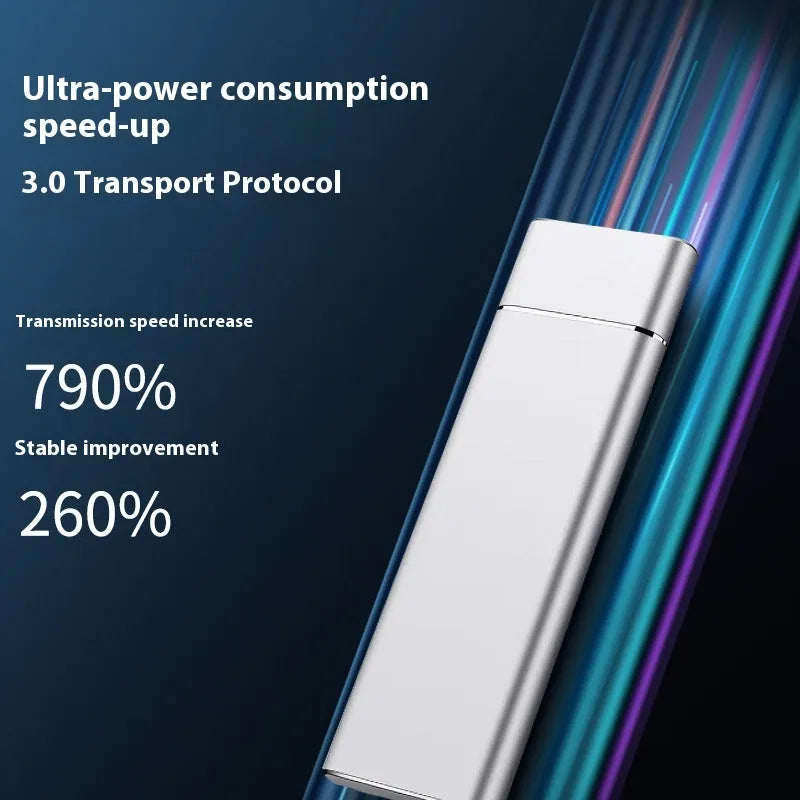 Sapphire Blue portable external hard drive with metal shell, shown next to its USB cable.