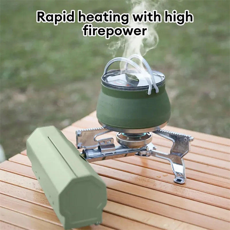 Portable folding camping gas stove with 2.6 kW burner and carry bag in green