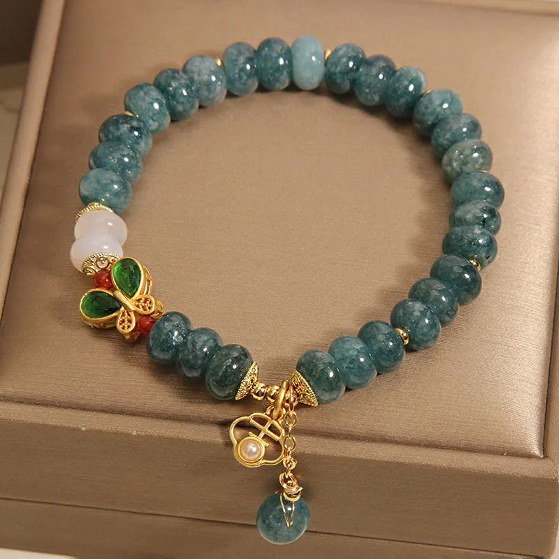 Natural blue water jade abacus beads crystal bracelet with white agate butterfly charm and rhinestones on alloy inlay