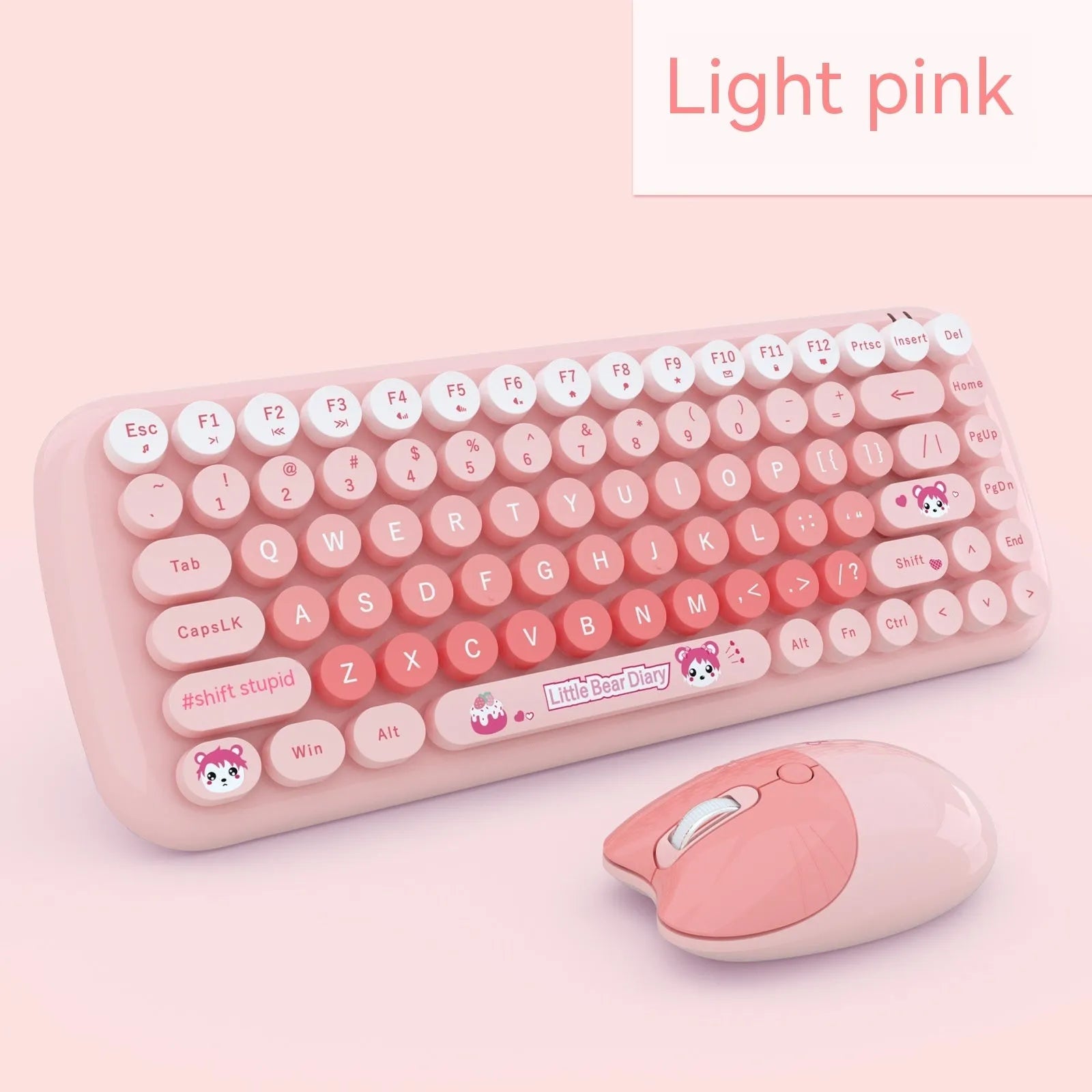 Candy pink wireless keyboard and mouse set with compact design on a desk.
