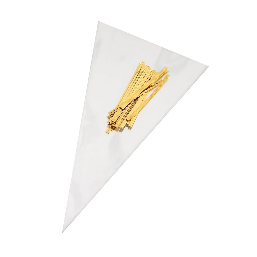 Transparent triangular OPP plastic bag with a silver tie wire closure