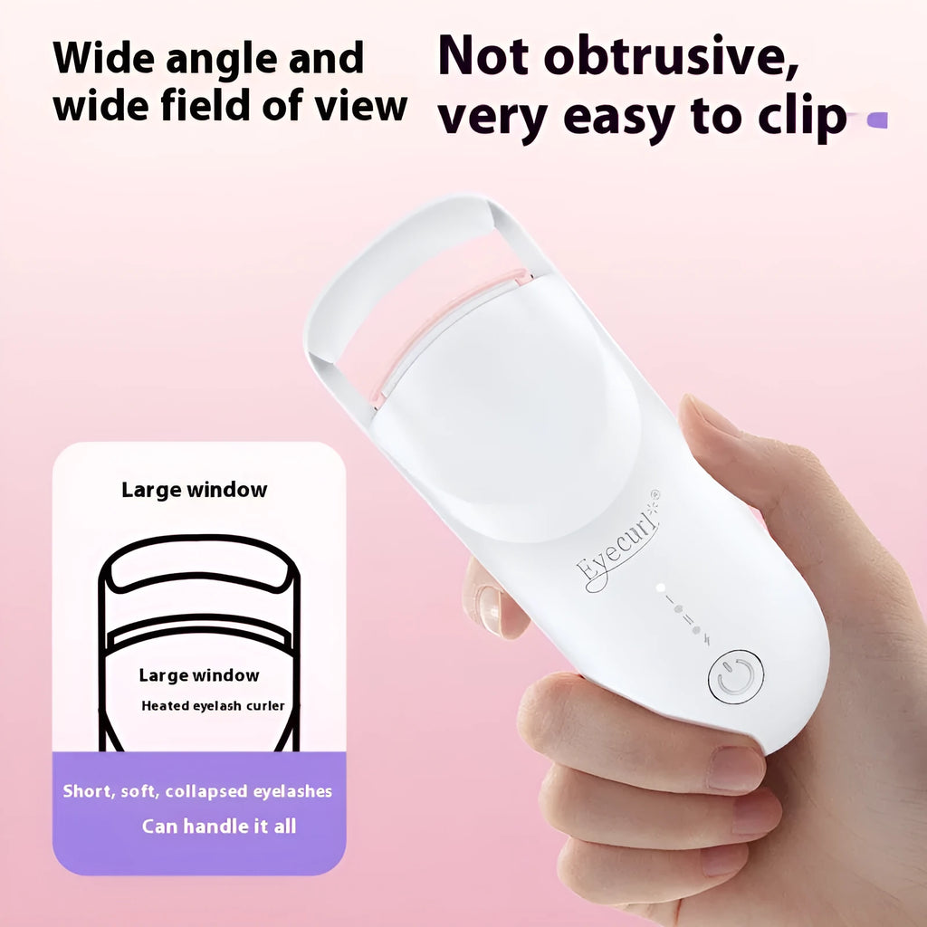 USB-charged electric heating eyelash curler in plastic casing on a white background