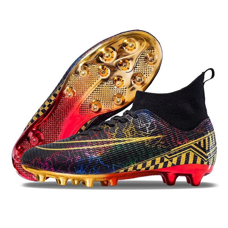 High-top soccer shoes with gold plated bottom, synthetic leather upper, in black colour, side view