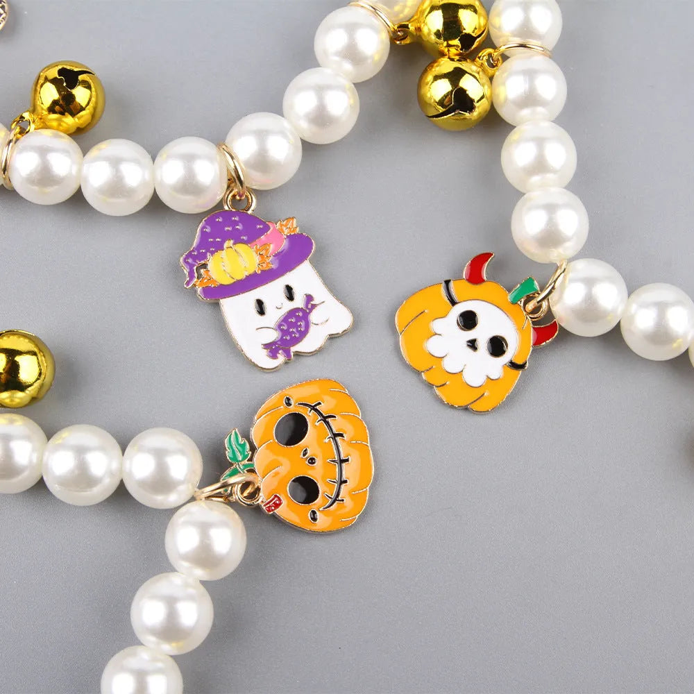 Halloween cat collar decoration with simulated pearl beads in pumpkin designs