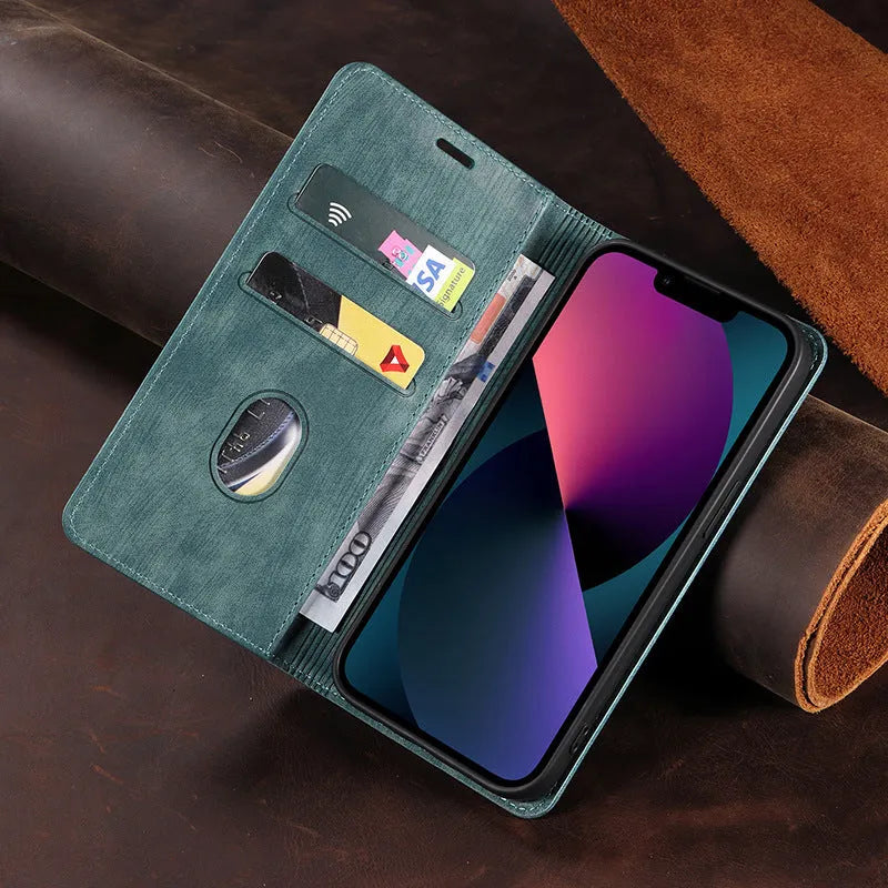Magnetic flip phone case for iPhone in solid colour options showing TPU and leather construction