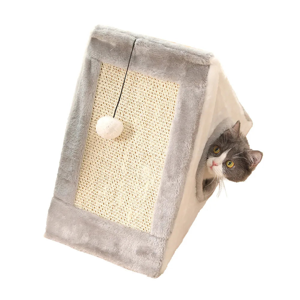 Triangular cat bed with integrated sisal scratching surface in grey and white colour option
