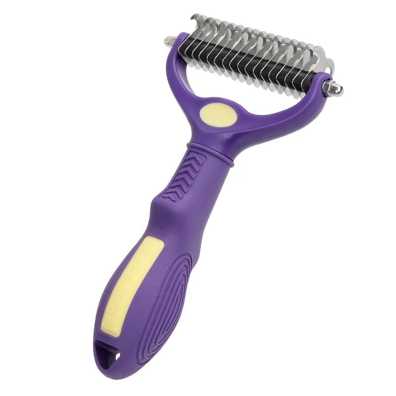Purple double-sided plastic pet comb for detangling knots from cat or dog fur