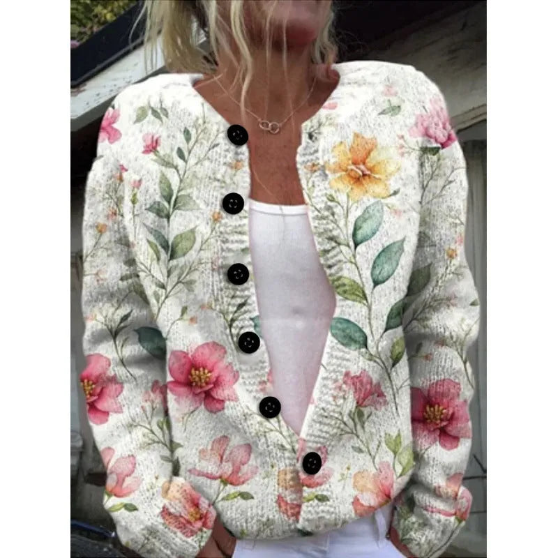 Digital printing cardigan knitted coat in yellow with 3D effect pattern, front view