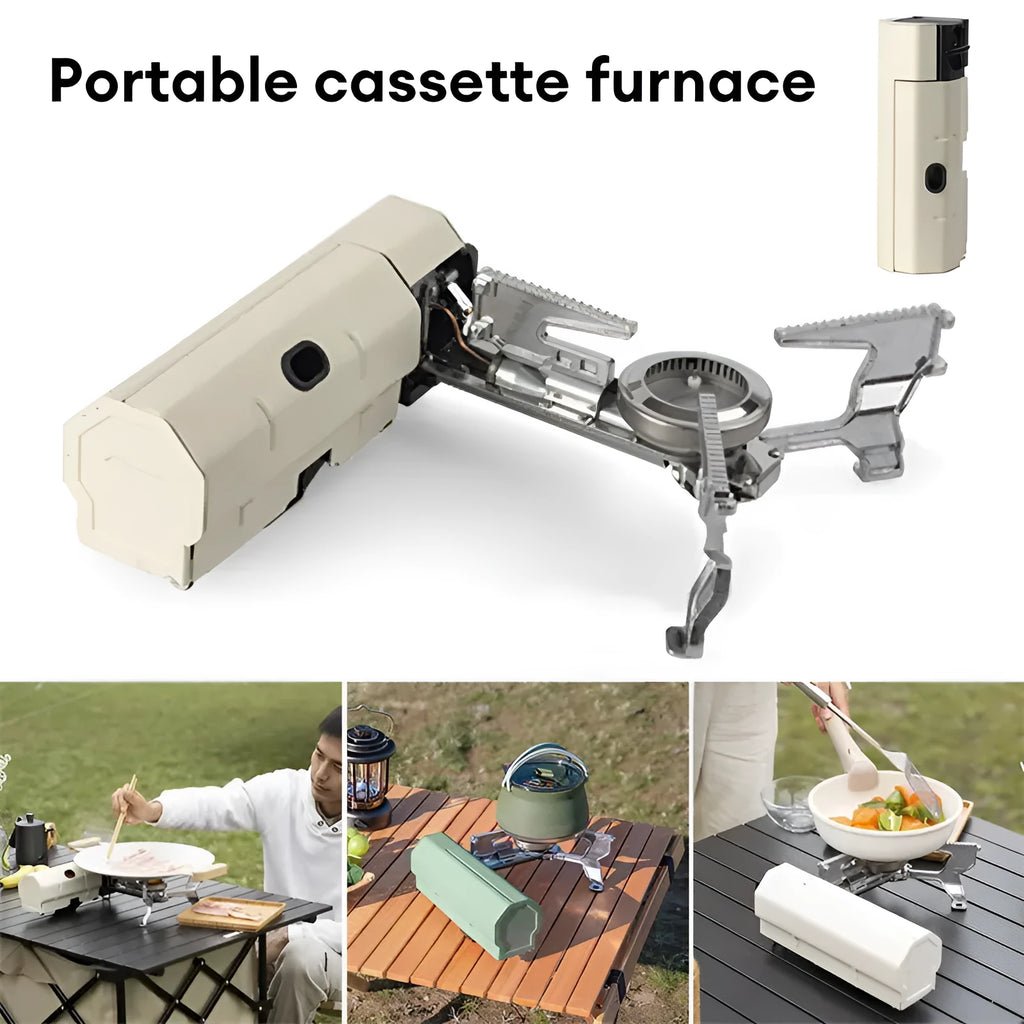 Portable folding camping gas stove with 2.6 kW burner and carry bag in green
