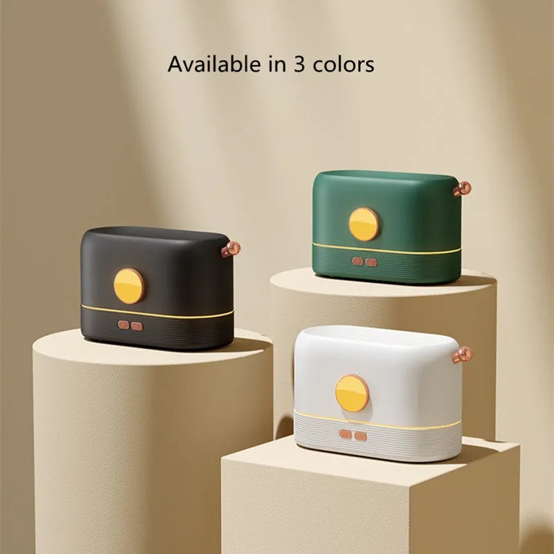 USB desktop humidifier with decorative flame effect showing black plastic construction