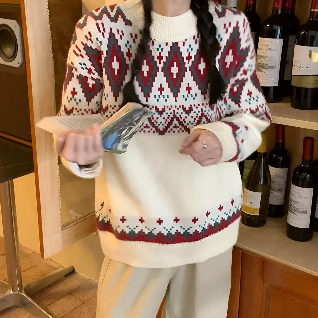 Red and white striped loose fit retro pullover knitted top with long sleeves