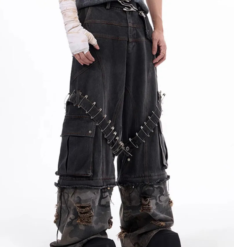 Men's grey jeans with camouflage pattern and ribbed fabric panelling detail, long leg