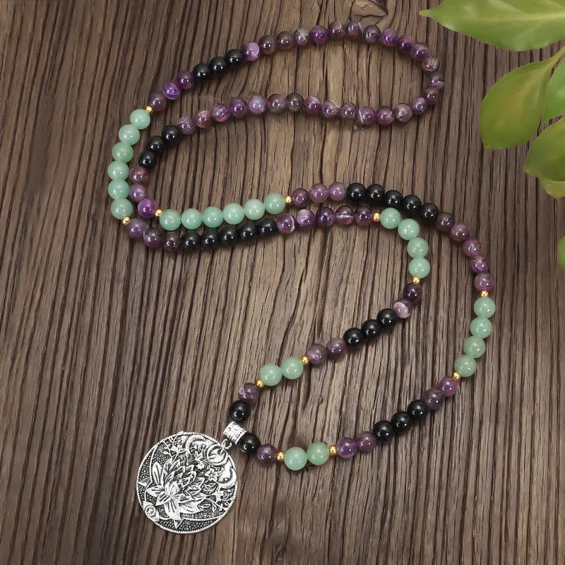 Dongling Long yoga lotus pendant necklace with stone bead chain and matching bracelet