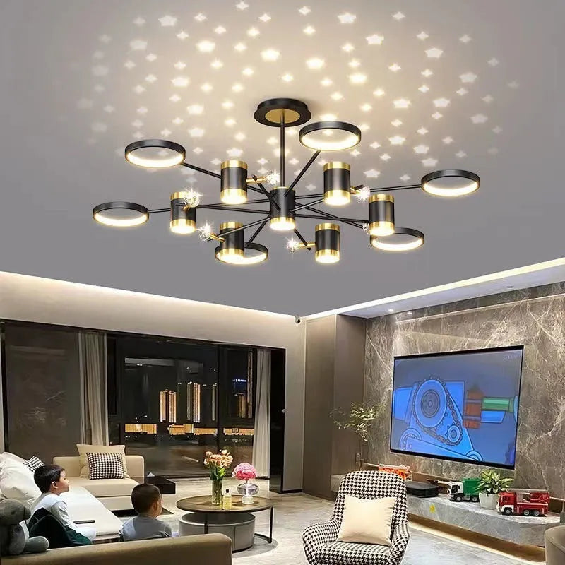 Black iron pendant ceiling chandelier with 13 light heads and remote control.