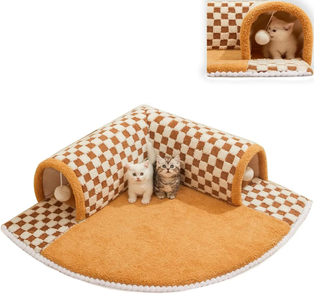 Plush plaid cat tunnel bed with central mat showing collapsible tube structure and non-slip bottom