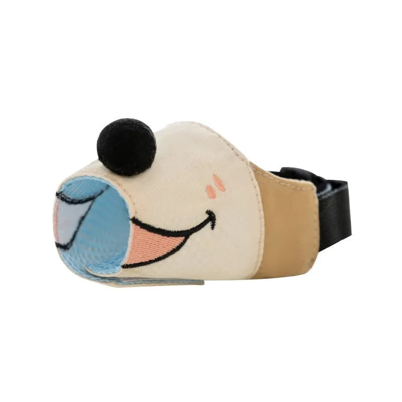 Canvas dog muzzle in Ollie Brown Bear and Bondi Blue Shark designs with sizing guide for dogs 3-50kg